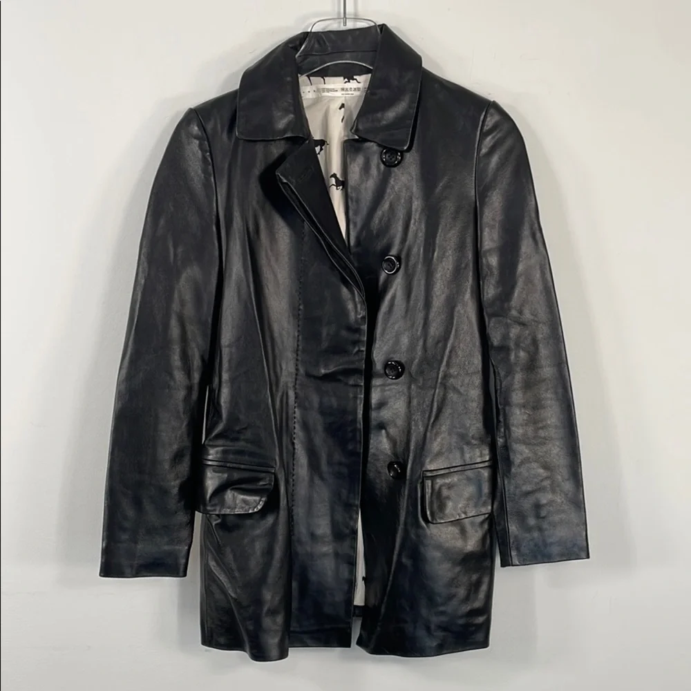 b+ab Black 100%‎ Genuine Leather Blazer Jacket Horse Print Lining Size 38